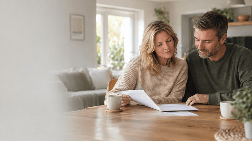 Couple sitting at a dining table looking over estate planning paperwork together
